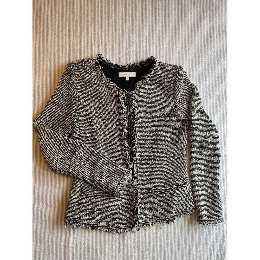 IRO Azure Tweed Jacket Black White Frayed Trim Open Front Cotton Blend Size 36